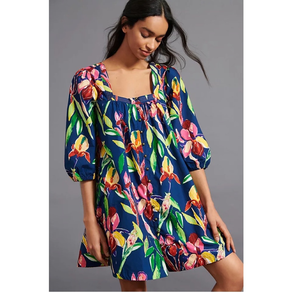 Anthropologie Maeve Tabitha swing square neck floral tunic dress in navy — NWT